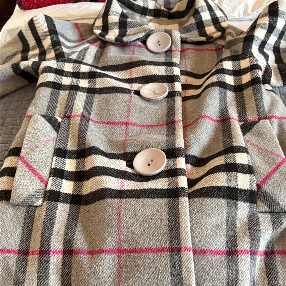 Women’s Plaid Wool-Blend Coat in Gray with Pink Accent arms sleeves included.